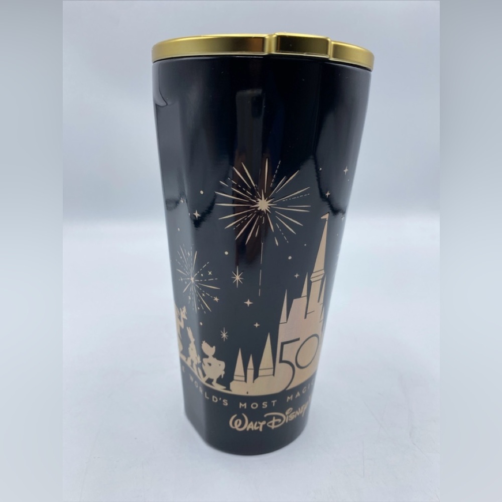 Disney Parks Walt Disney World 50th Anniversary Corkcicle Tumbler Black Gold